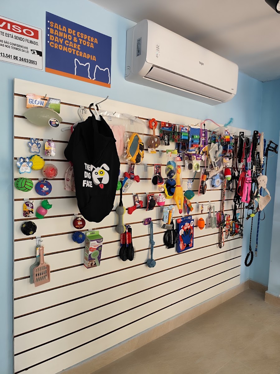 Parede da loja com brinquedos, coleiras e acessórios