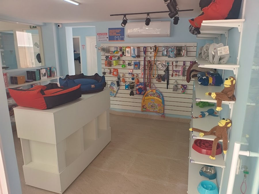 Loja pet com caminhas, brinquedos e coleiras